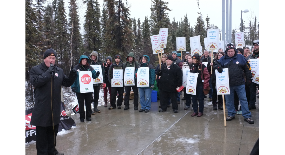 Rally to protect pensions at the Legislative Assembly in Yellowknife in 2014