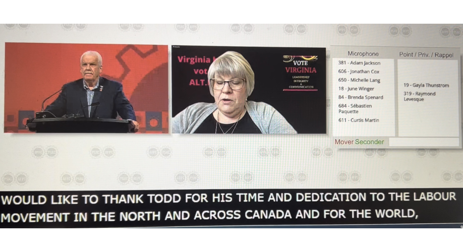 image of Gayla Thunstrom thanking former UNW President Todd Parsons for his service