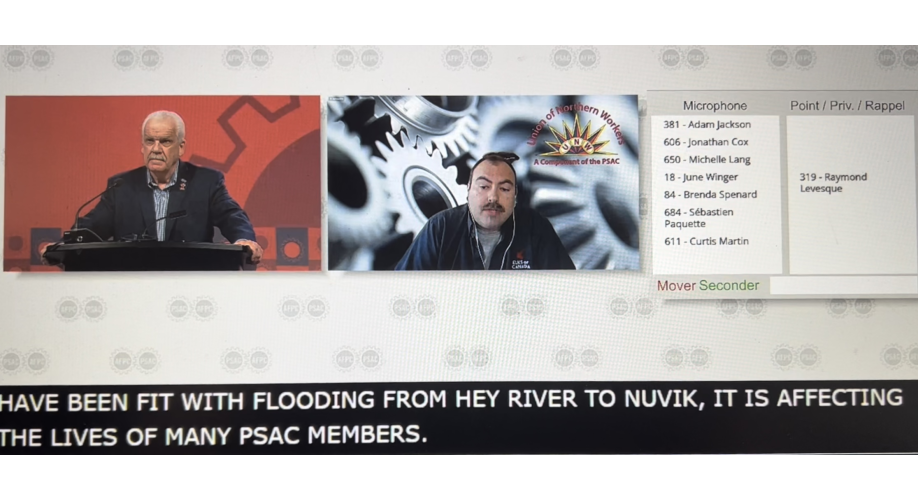 image of Ray Levesque addressing convention about NWT flooding